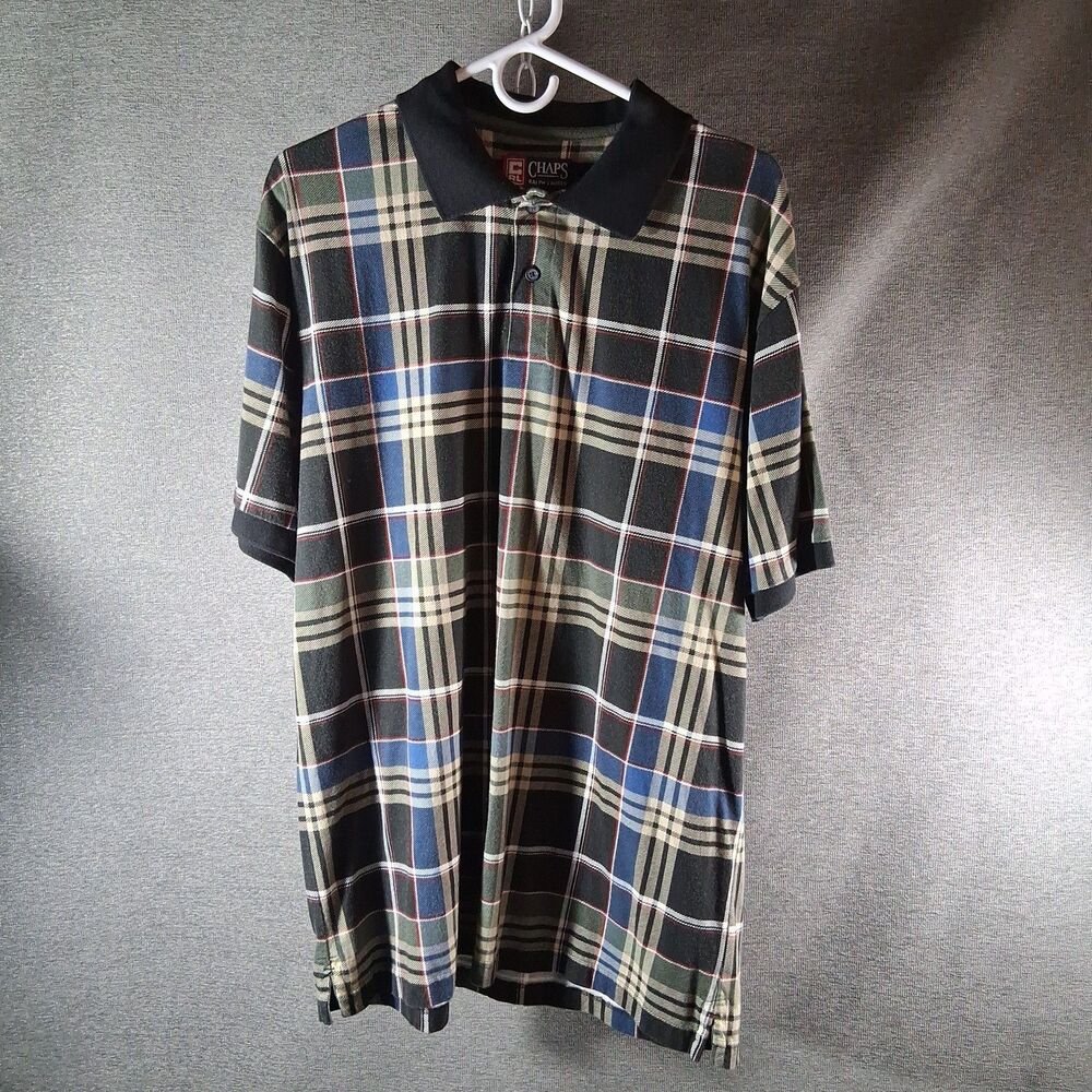 Chaps Ralph Lauren Plaid Polo Shirt Men Large Green Blue Short Sleeve FLAW